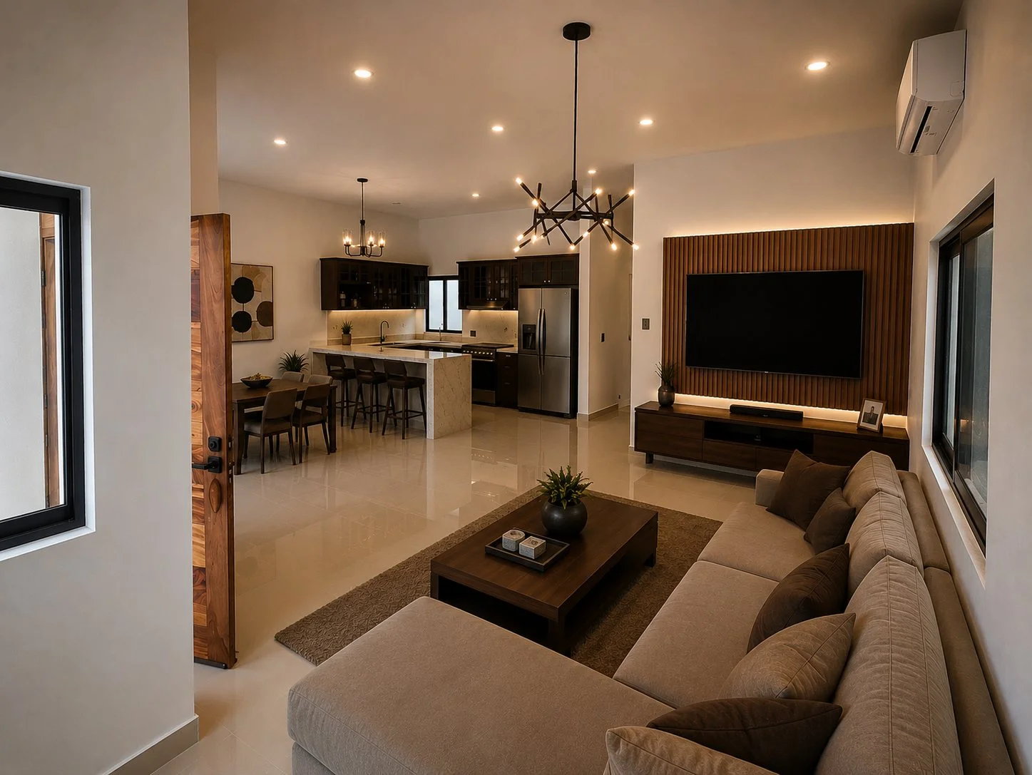 Interior: sala, cocina y comedor